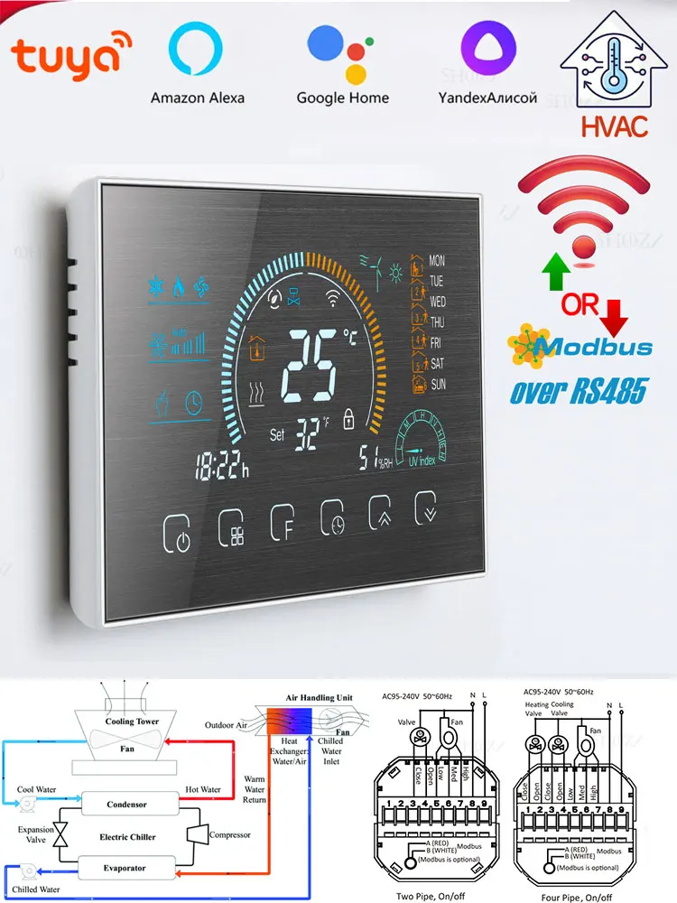 Thermostat programmable pour contrôle, système d'air HAVC, compresseur de chaleur et de refroidissement, vanne 2/4 voies, TUYA WIFI, Modbus RTU, RS485, 24V, 220V