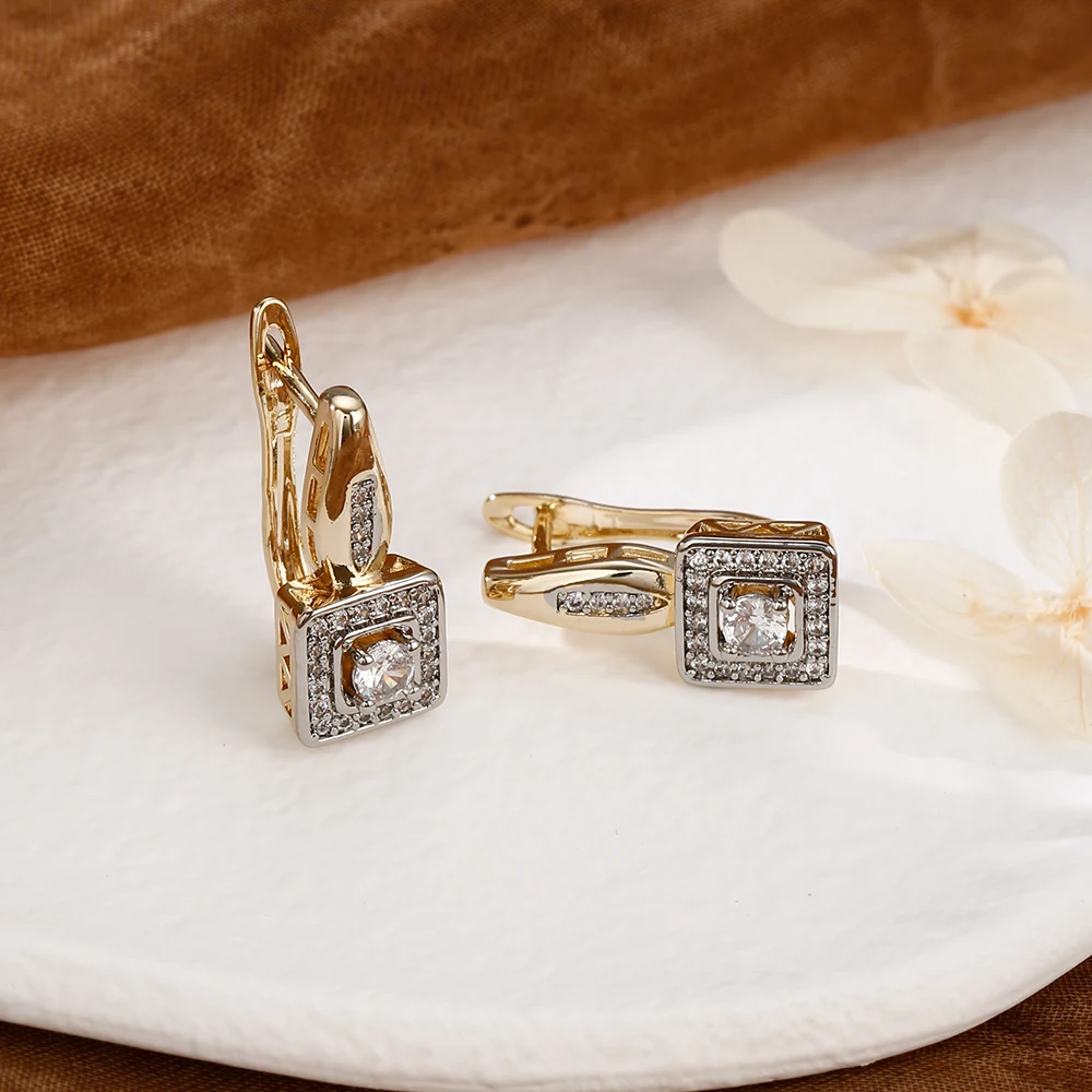Quadratisches, doppellagiges Zirkon-Vintage-Ohrringe- und Ring-Set, kupferbeschichtet mit 14K Gold, modischer Schmuck für Bankette und Partys, luxuriöse Accessoires. – Detail 7