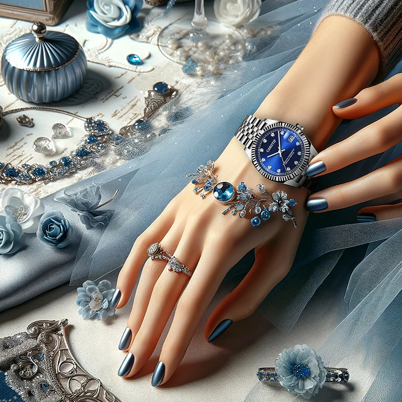 ساعة ميكانيكية نسائية من الفولاذ المقاوم للصدأ بتقويم أزرق فضي وأنيق وبسيط