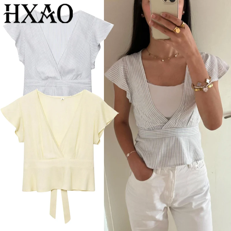 

HXAO Женские топы и блузки Укороченная летняя блузка с коротким рукавом с галстуками и бантом в полоску Желтый топ с v-образным вырезом Лляная элегантная женская блузка