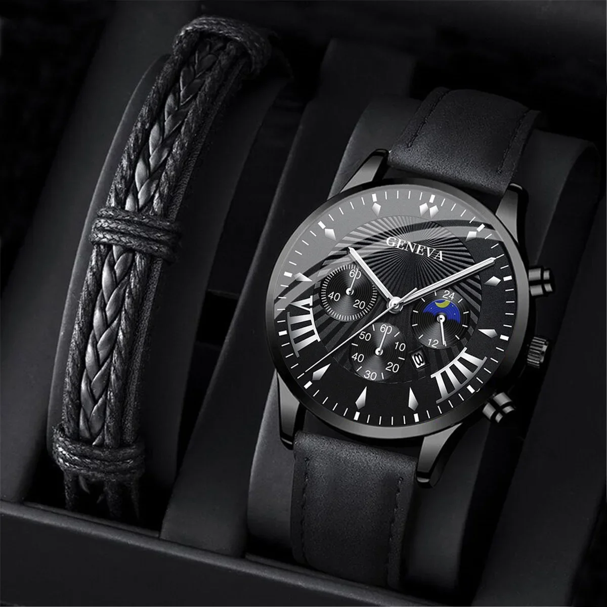 

2pcs New Business Mens Watches Quartz Wristwatches Luxury Black Leather Strap Bracelet Men Casual Large Round Dial Clock Watch