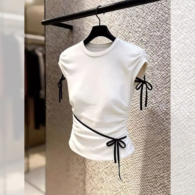 Bow Lacing Patchwork Slim Pleated Korean Tops Summer Short Sleeve Solid Simplicity Trend T Shirts Fashion Sweet Women Clothing