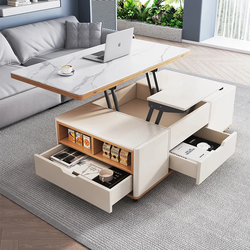 Solid wood rock slab lifting multi-functional folding coffee table dining table integrated two-in-one living room household