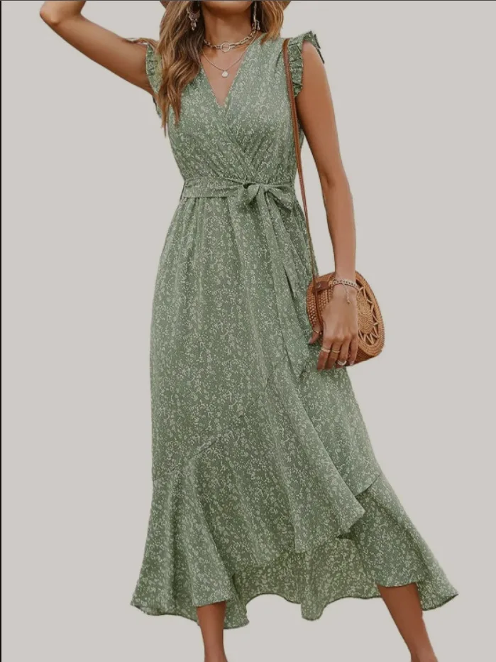 Letnia sukienka w kwiaty z marszczonymi ramionami, dekoltem w serek, falbanką na spódnicy, długa sukienka, elegancka odzież damska