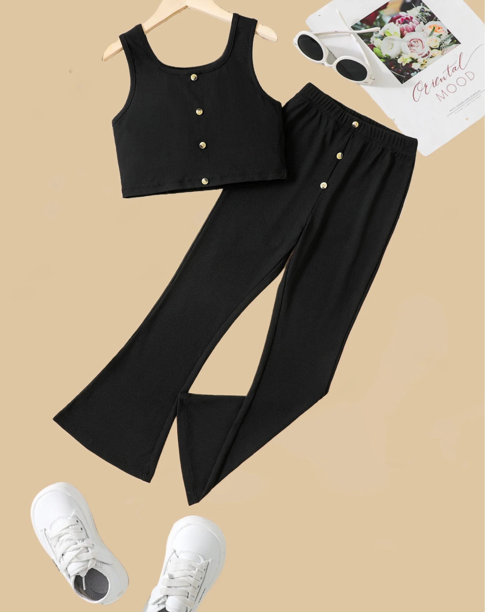 Fashion black suit for girls: sleeveless top with high waist trousers, gold buttons embellished to show elegant style