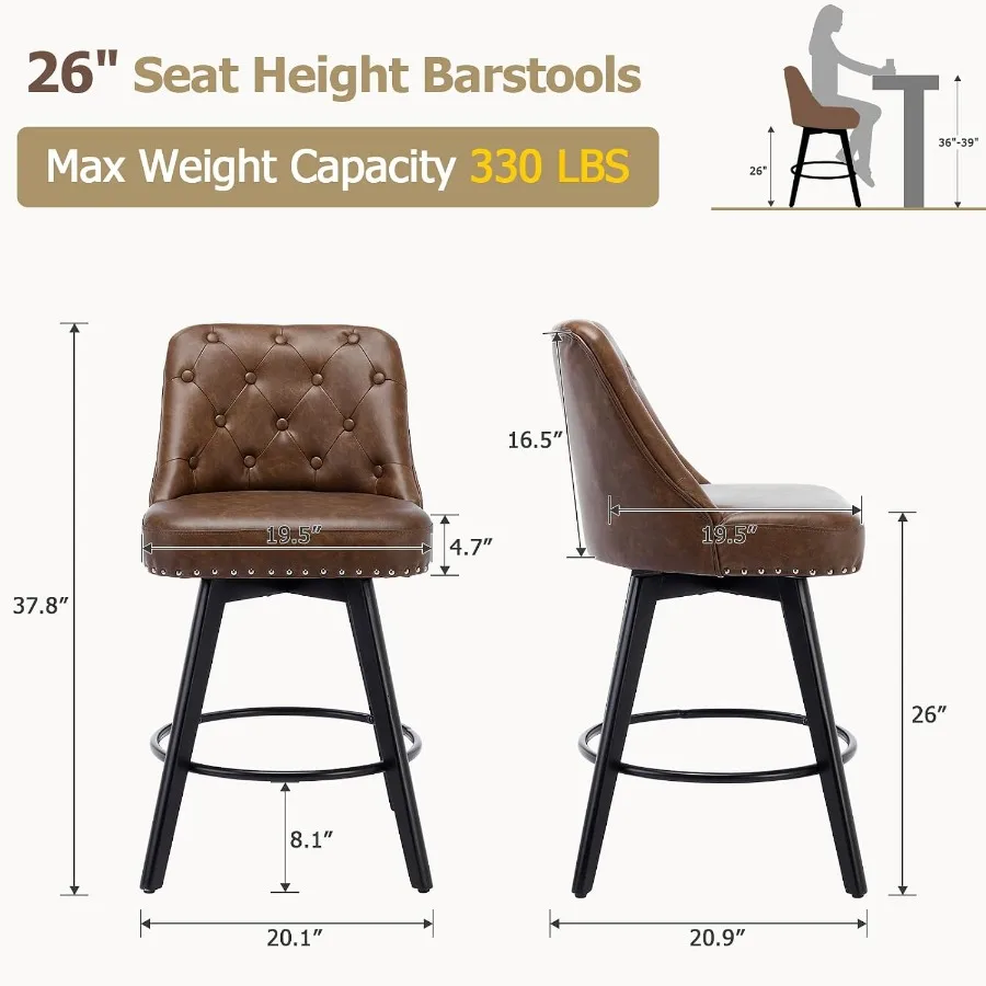 Modern Brown Bar Stools Set of 2 26 Counter Height Swivel for Kitchen Island Use, PU Leather Upholstered Seat, Brown Color, But