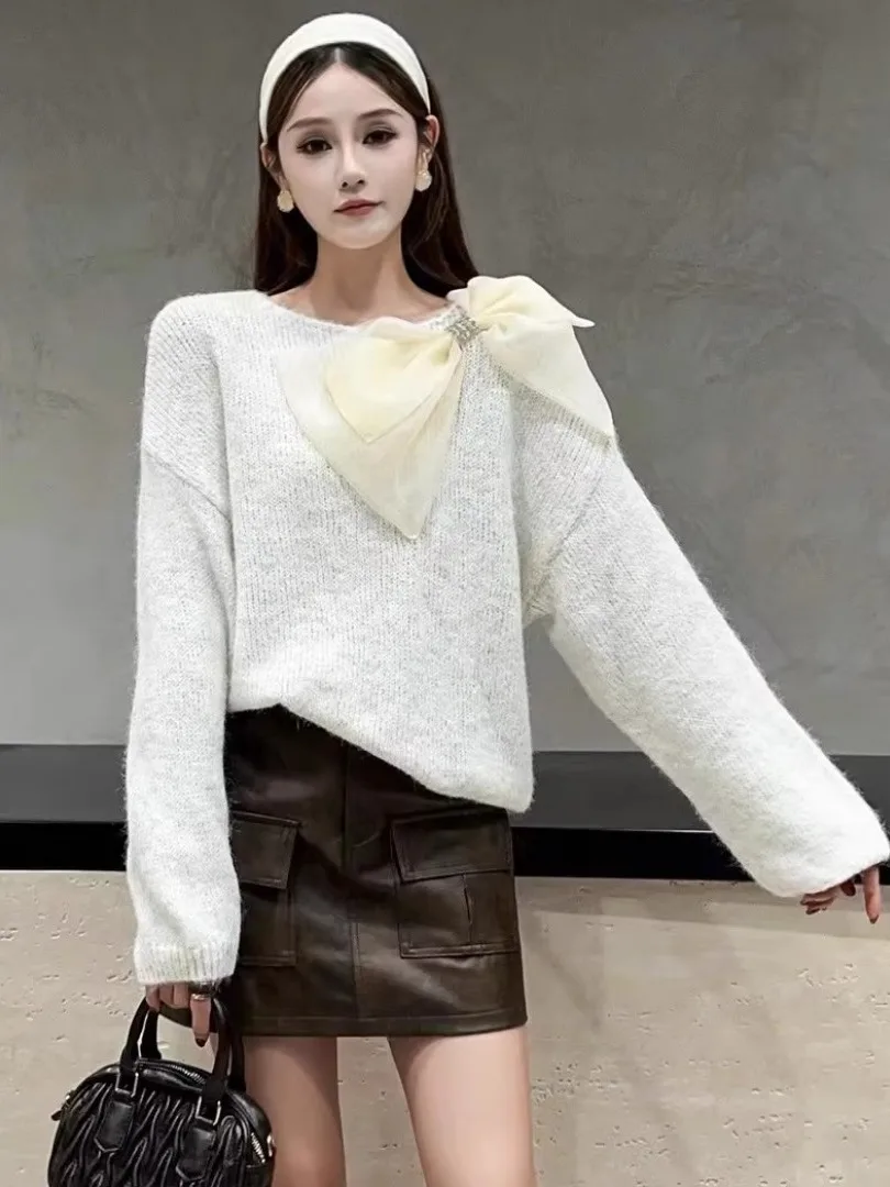 Faionable Knitted Knot Base irt Damen Lila Loose Fit Casual Sle Long Sve Round Ne Pullover Sweater