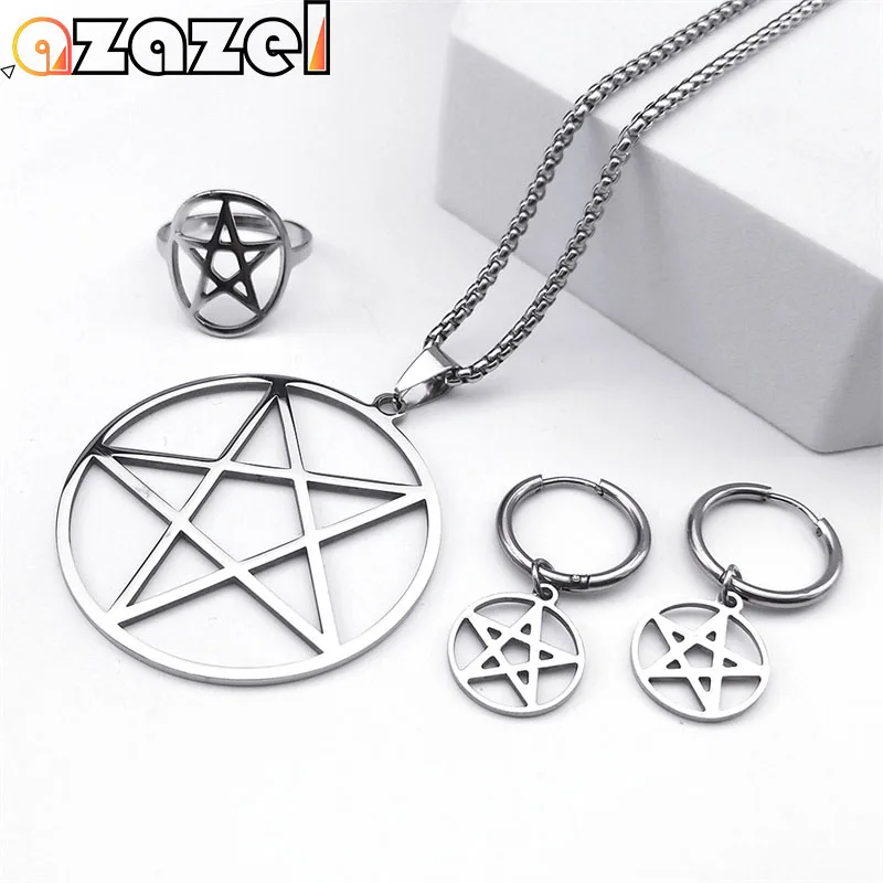 Stainless Steel Pentagram Pentacle Star Necklace for Women Men Punk Hoop Earrings Ring Bracelet Jewelry Set conjuntos de joyas