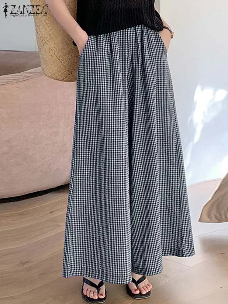 Vintage karierte Hosen Zanzea Frauen stilvolle Hose mit weitem Bein elegante Büro hose mit hoher Taille lässig lose Gitter Pantalon Overs ize