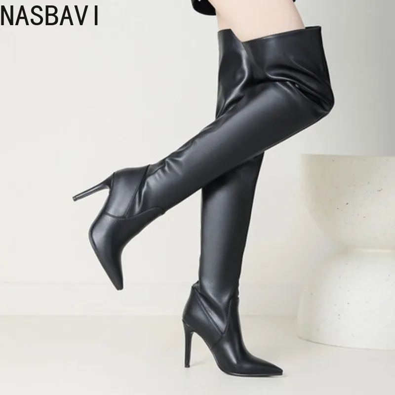 Botas de tacón alto NASBAVI negras con punta, de diseñador de lujo para mujer, de caña ancha, plisadas, por encima de la rodilla, de invierno, tallas 34-42