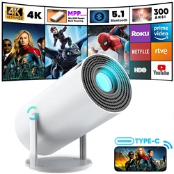 EGOBAS 타입 C HY300 플러스 미니 프로젝터, 자동 키스톤 4K 풀 HD 안드로이드, WiFi6 BT5.0 300ANSI Hifi 홈 휴대용 비디오 프로젝터