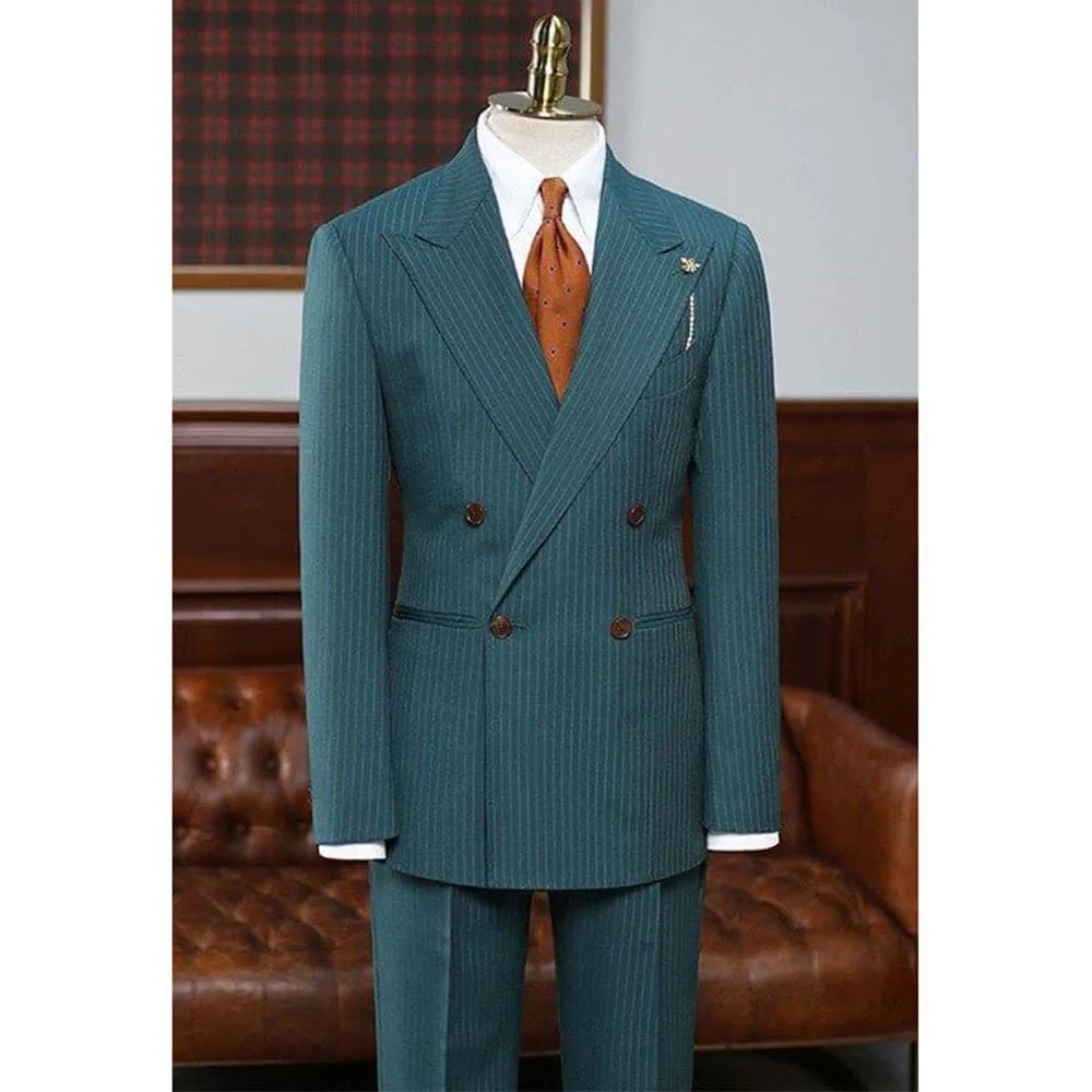 

Green Luxury Men Suit Grid Double Breasted Peak Lapel High Quality Formal Occasion Male Clothing Classic 2 Pieces Jacket Pant