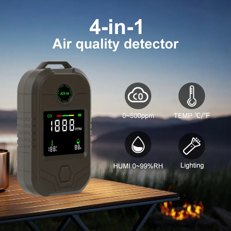 4 in 1 Portable Carbon Monoxide Detector Long Battery Life CO Alarm with Temperature Humidity Flashlight for Camping Home