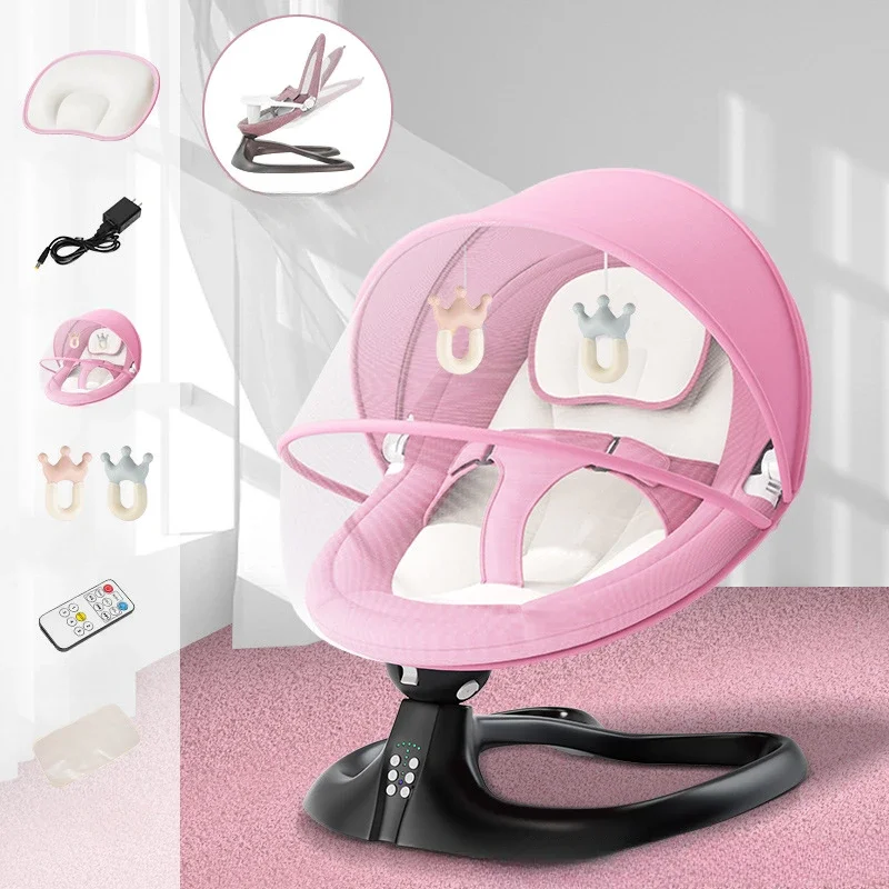 Electric Baby Bouncer & Rocker with Sun Shade Mosquito Net Toy Rack Cradle Bed Baby Swing Bouncer Bluetooth Touch Screen Rocker