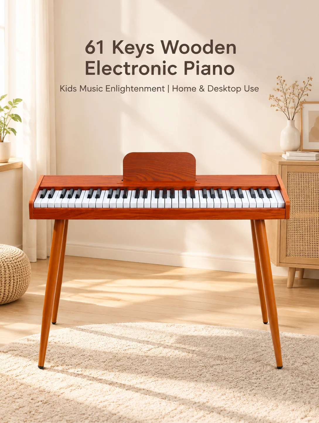 61 Keys Wooden Electronic Piano Type-C Rechargeable Detachable Stand Sustain Pedal Headphone Mic Port for Kids Beginner Home Use