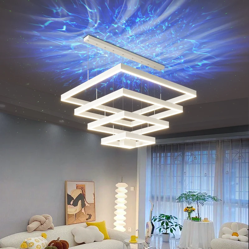 

Modern Minimalist Living Room Pendant Lights Projection Highlight Northern Lights Eye Protection Bedroom Square Frame Chandelier