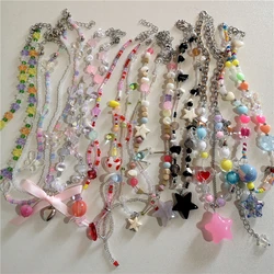 Goth Harajuku Acrylic Beaded Colorful Bow Star Pendant Choker Necklace Women Aesthetic Y2K Charm EMO 2000s Jewelry Accessories