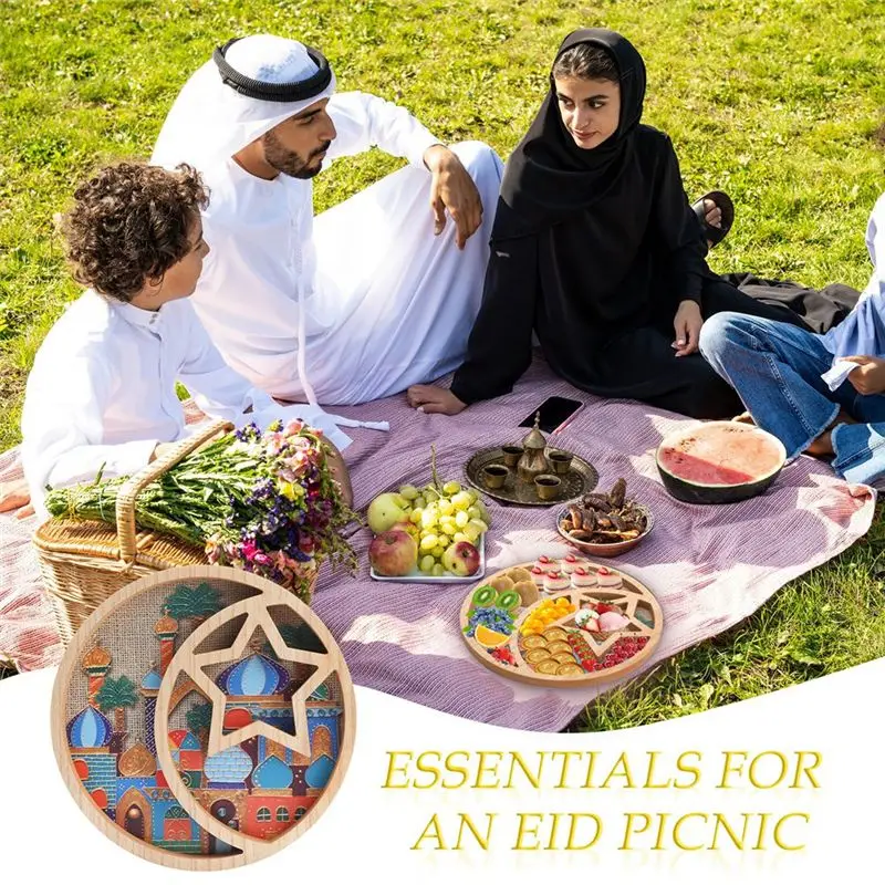 AAAF Ramadan Decorations For Home -11.6 Inch Tray Eid Mubarak Religious Painting Cupcake Food Candy Plates Wooden Decorations Du