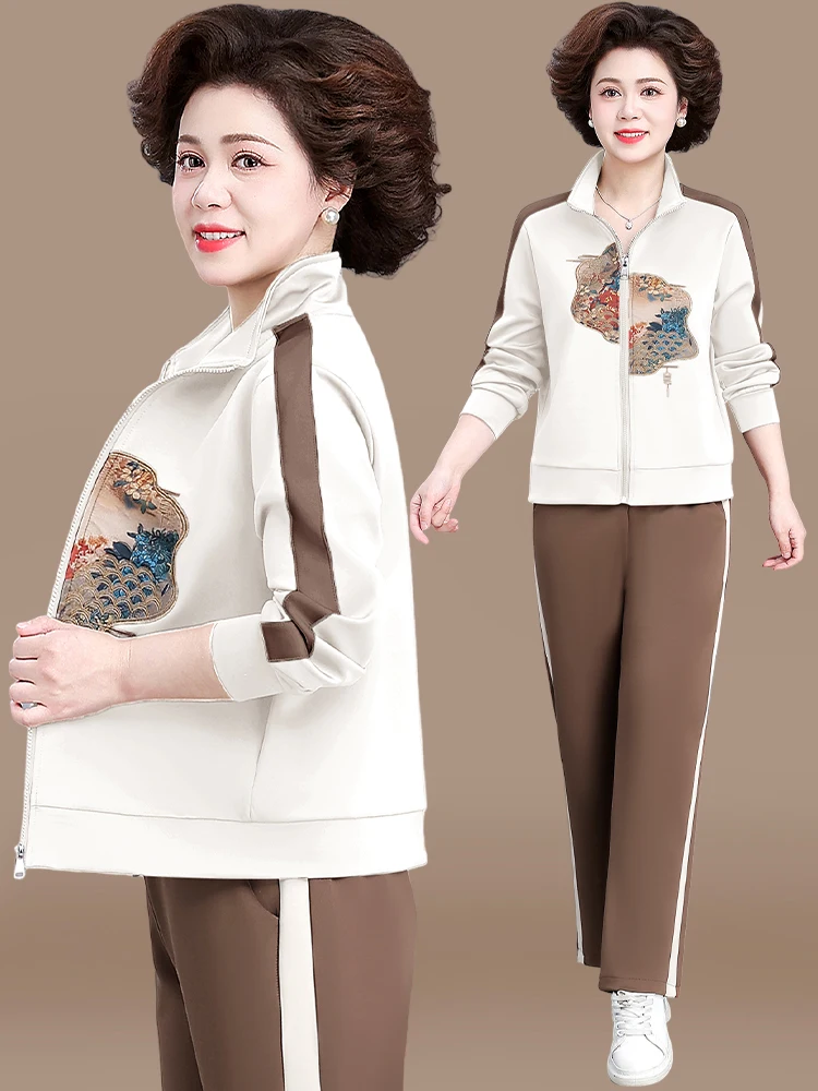 

New Chinese Sle Printed Jaet Women's Sportswear Set Spring Faionable Loose Fit Long Pants Polyester Blend Outerwear