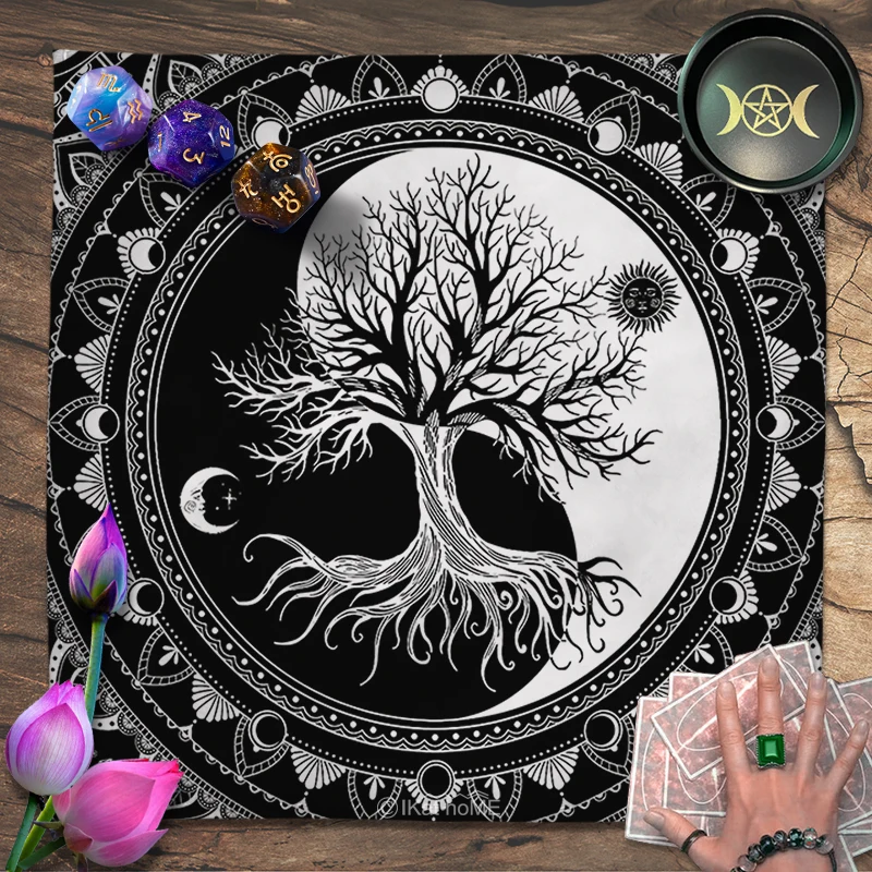 Black White Tree Of Life Tarot Tablecloth Yin Yang Tai Chi Altar Cloth Sun Moon Star Board Witchcraft Astrology Oracle Card Pads