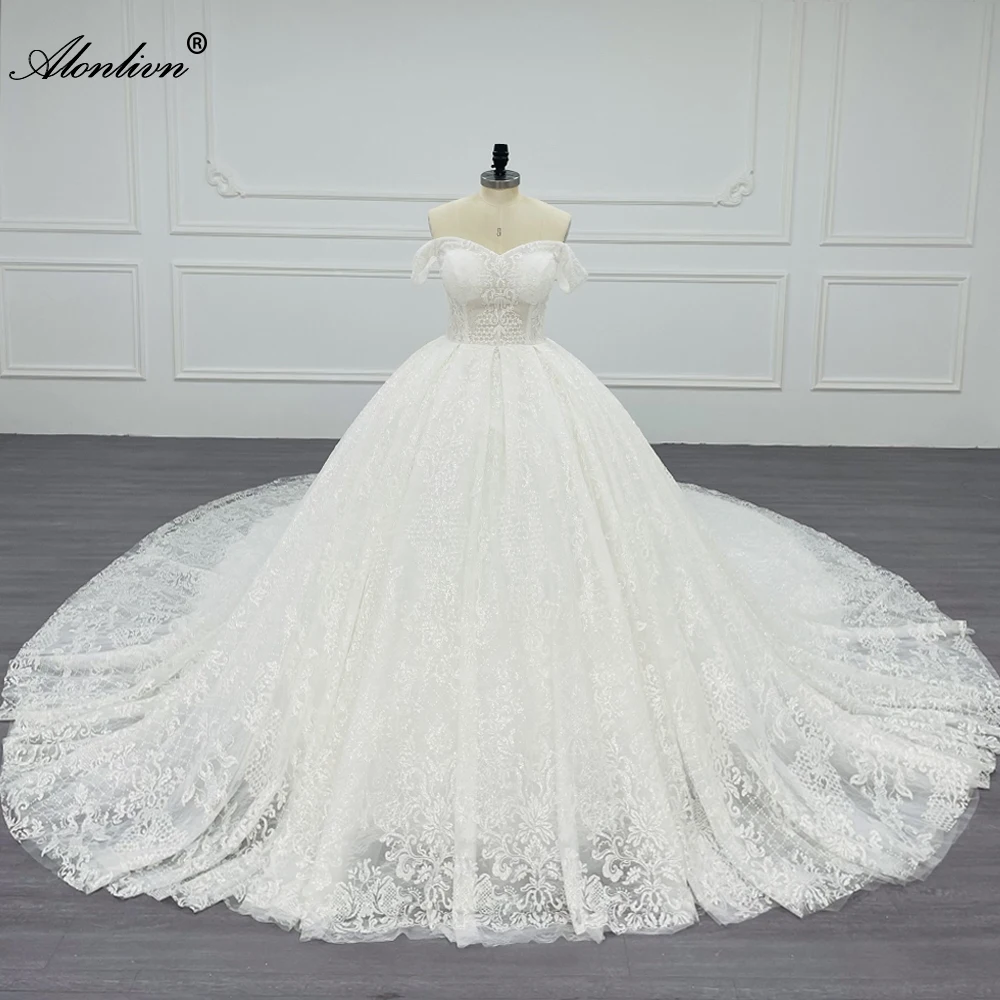 Alonlivn Real Pictures Glitter Embroidery Sparkle 3D Lace Ball Gown Wedding Dresses Strapless Corset Novias