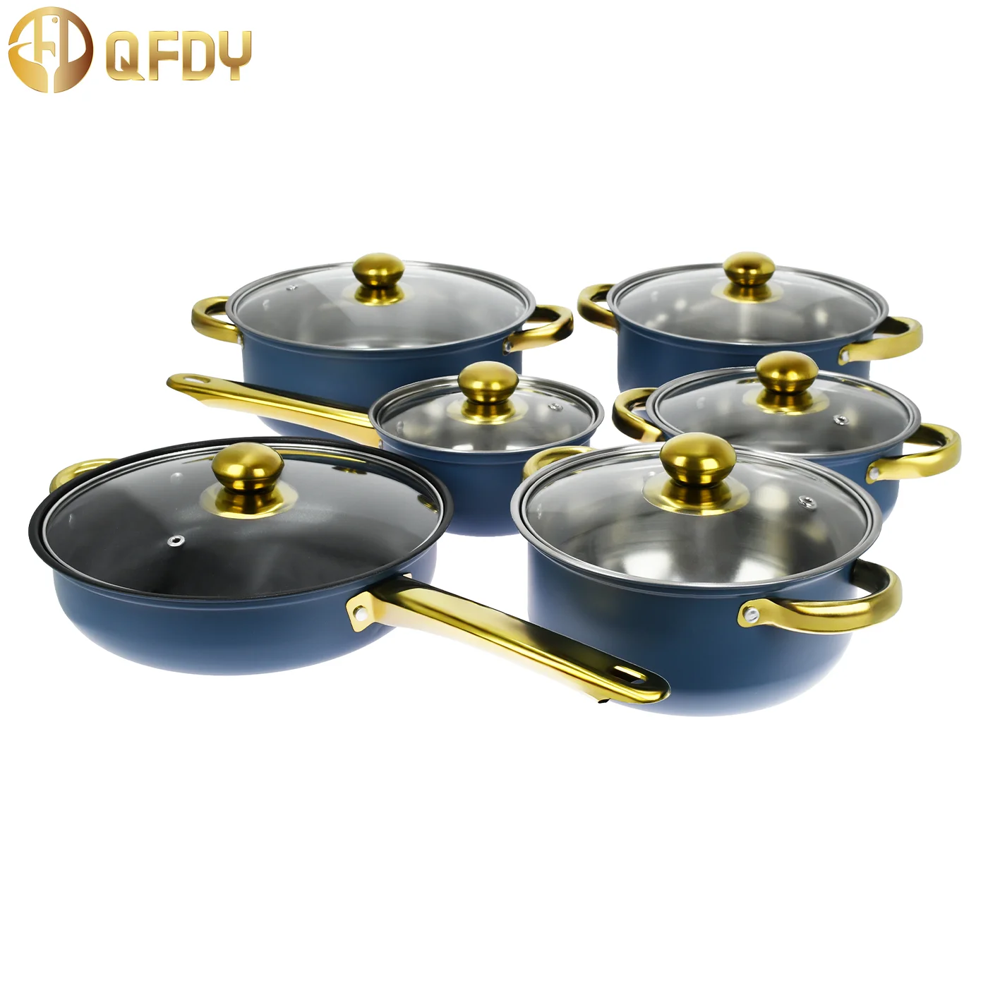 Hot Sale Kitchware Pots Set 12-piece colorful  non-stick gold plated handle cookware set pots Stainless Steel Soup Pot