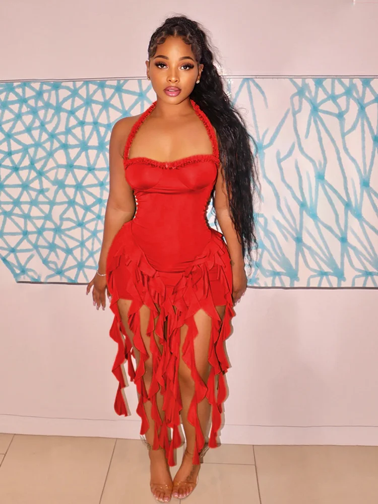 Seksowna sukienka halterneck damska elegancka asymetryczny dół z frędzlami odkryte plecy nocna obcisła elastyczna na przyjęcie urodzinowe do klubu bodycon