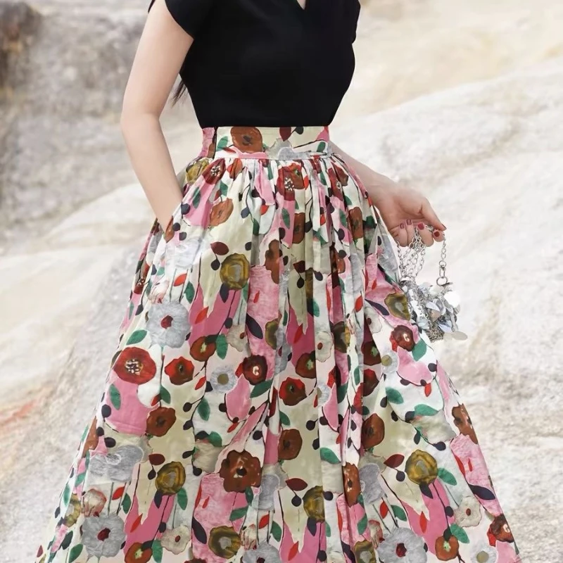 Oil Painting Skirt Printed Long Skirt Floral Summer New High Waist Elastic Versatile Skirt Mid-length Commuting
