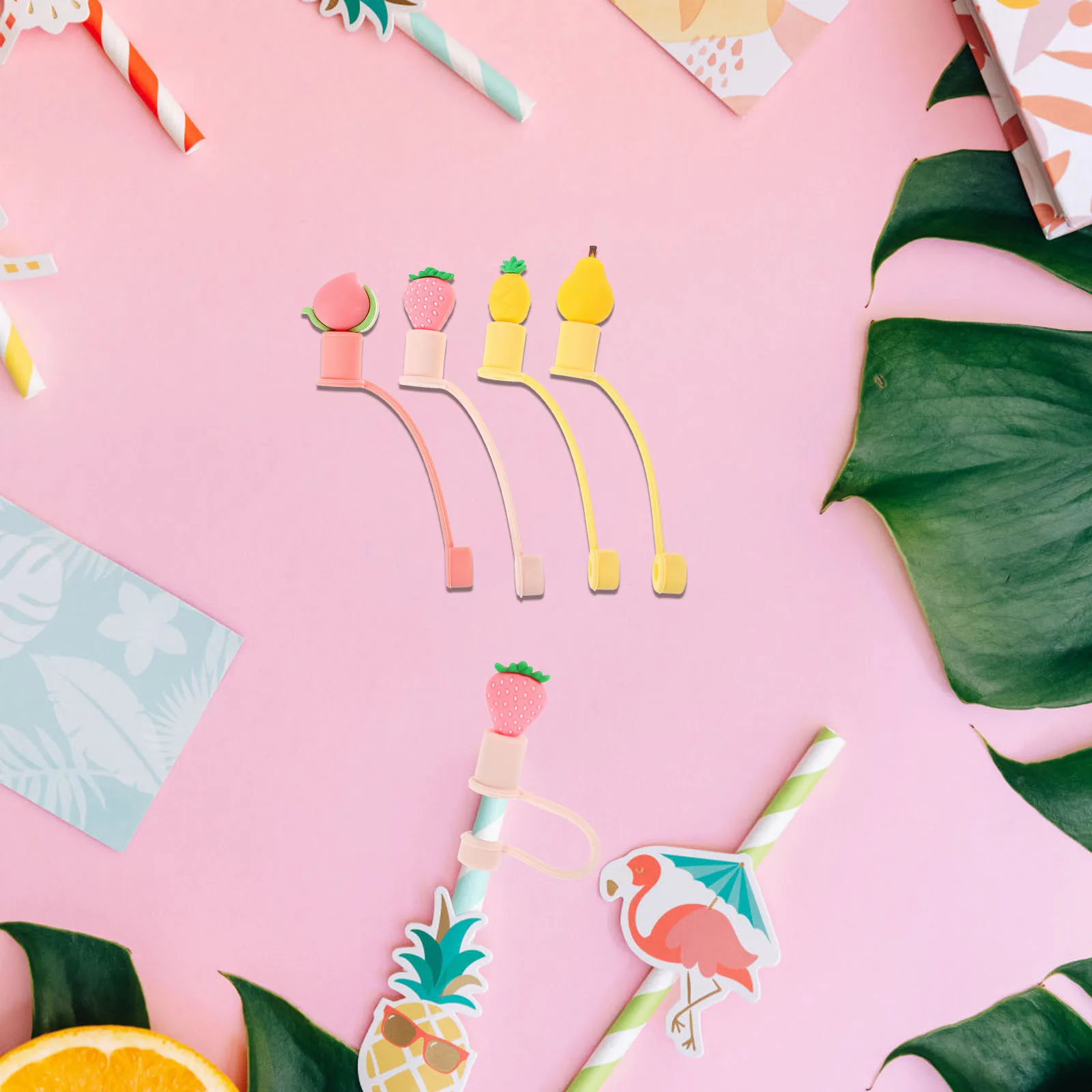 

4pcs Cute Cartoon Fruits Straw Tips Cover Hawaii Party Drinking Lids Protectors Silicone Caps Washable Reusable Toppers Kitchen