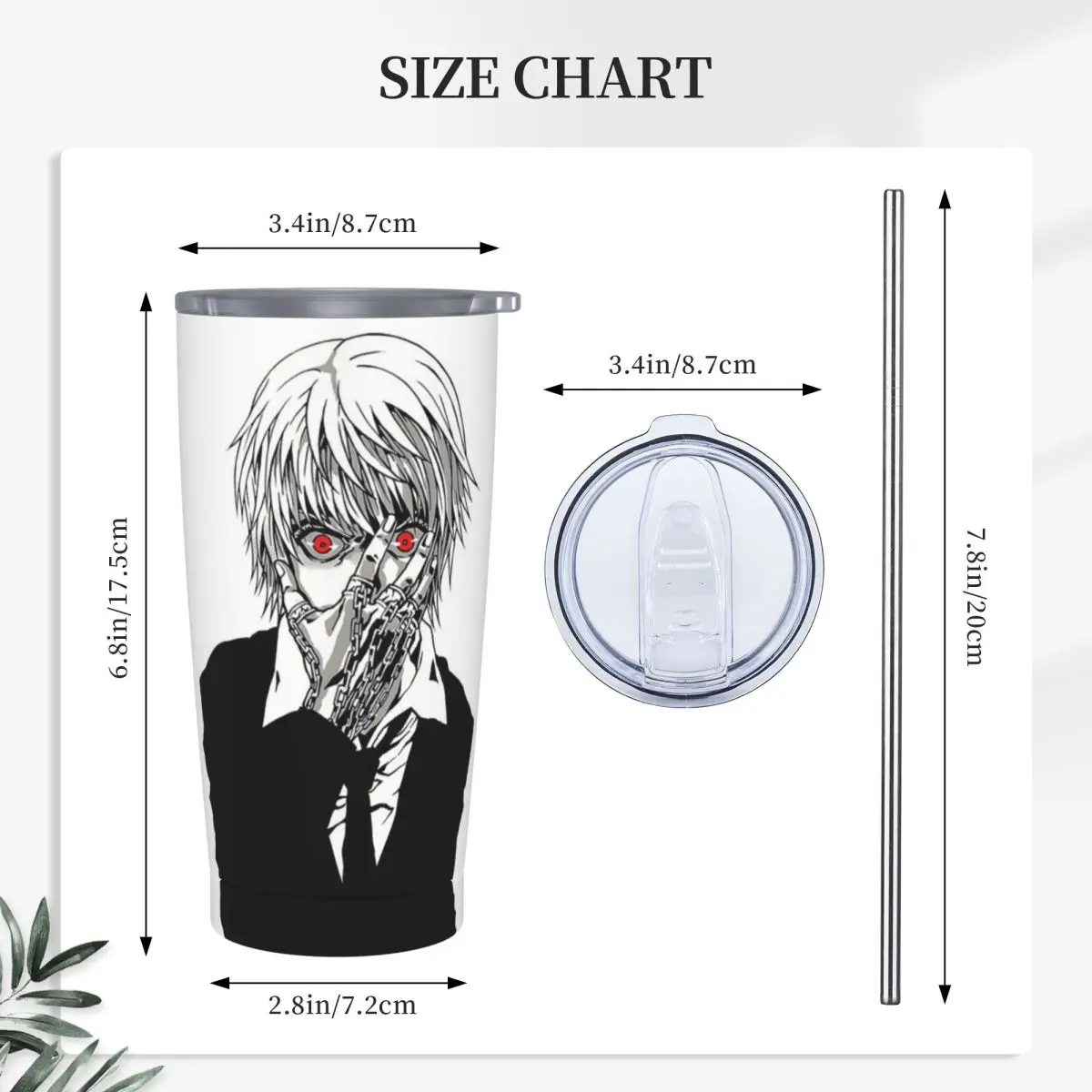Anime Tokyo Ghoul Kaneki Ken Stainless Steel Tumbler Vacuum Insulated Mug Thermal Cold Bottle Straw With Lid 20oz