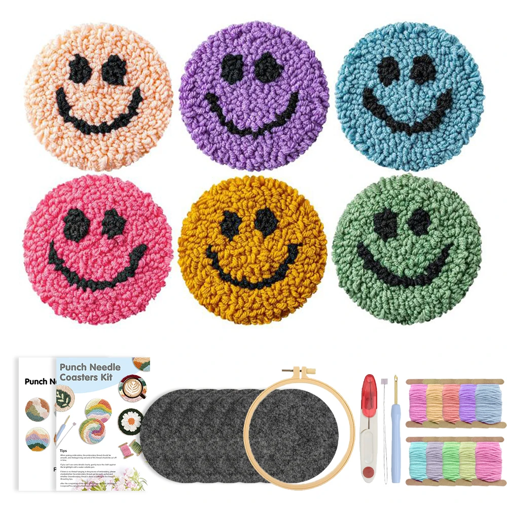 GATYZTORY Smile Punch Needle Coaster Kit 6Pcs Embroidery Needle Coasters Crafts for Beginners Easy DIY Mug Tufted Making Set