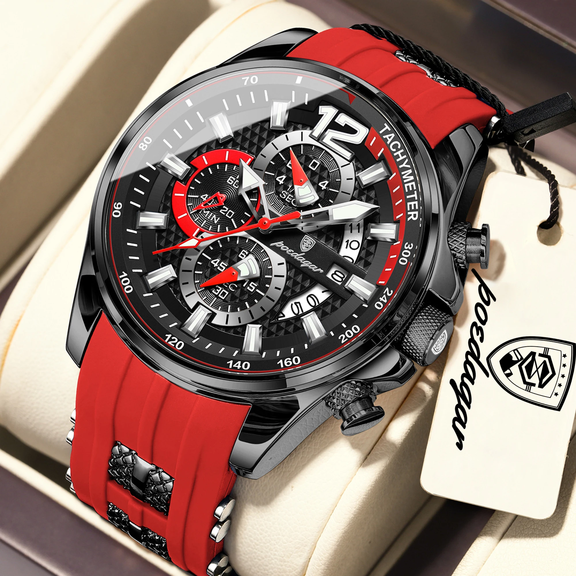 POEDAGAR Top Fashion Men Clock Date Chronograph Luminous Waterproof Quartz Man Watch Silicone Big Dial Sport Men's Watches Reloj