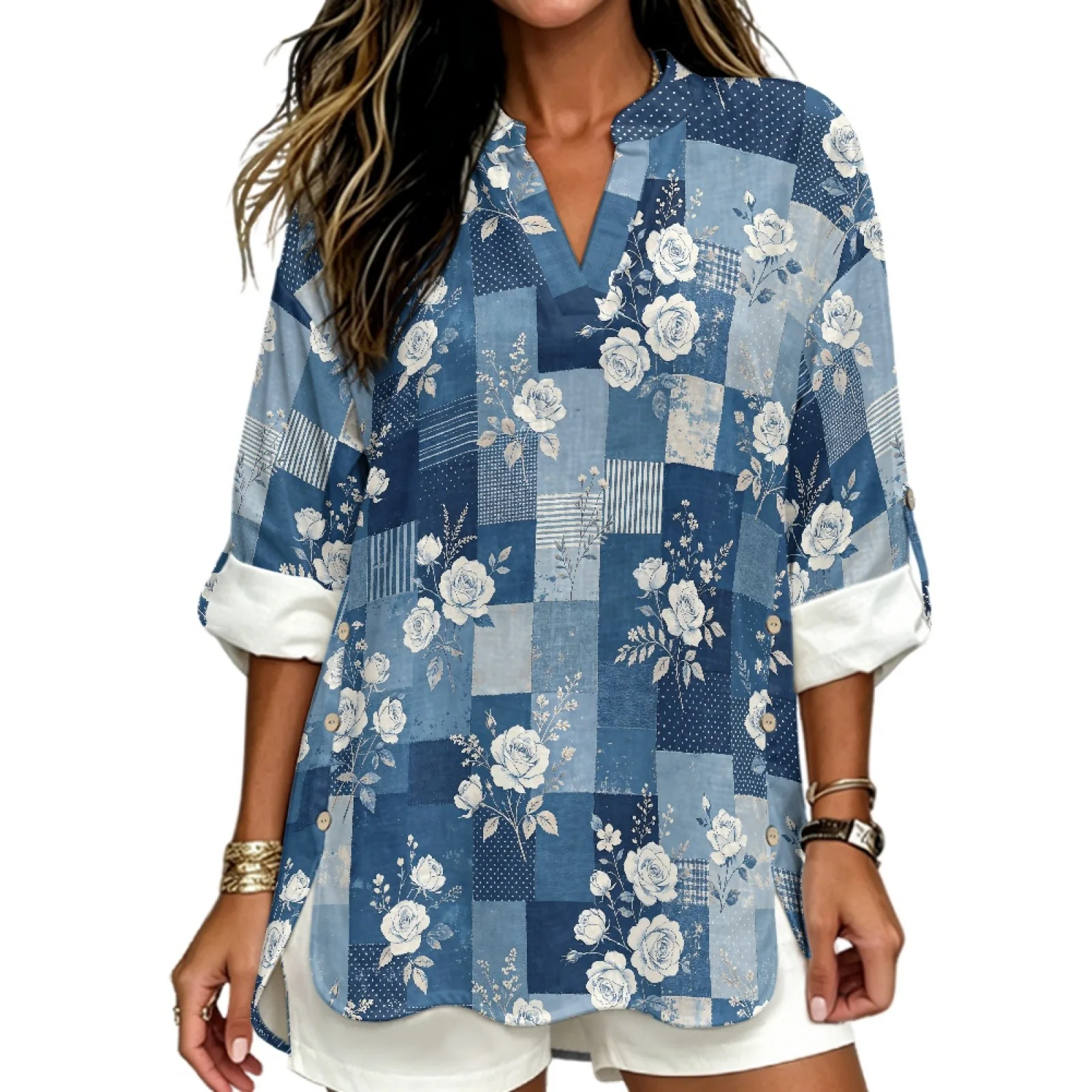 PENSTROLL Blue Rose Patchwork Linen Like Casual Loose Fit Blouses Roll Up Sleeve Long Sleeve Tops for Women Sizes S-5XL
