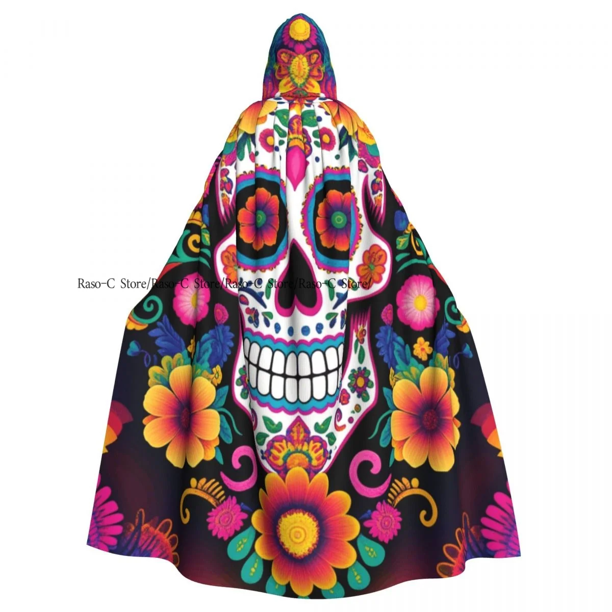عباءة يوم الموتى على شكل جمجمة السكر المكسيكية للبالغين من الجنسين مع غطاء رأس طويل للساحرة #6