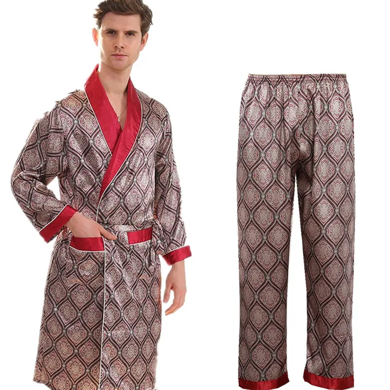 

2pcs Robe Pants Pajama Set Plus Size 7XL Men Bathrobe Suit Satin Sleepwear for Men Kimono Home Soft Cozy Long-sleeved Bath Gown