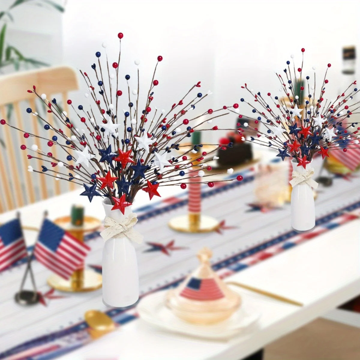 

4 Pack Patriotic Artificial Berry Stem Picks 15.7in White Blue Red Stars for 4Th of July Independence Day, Pentagram
