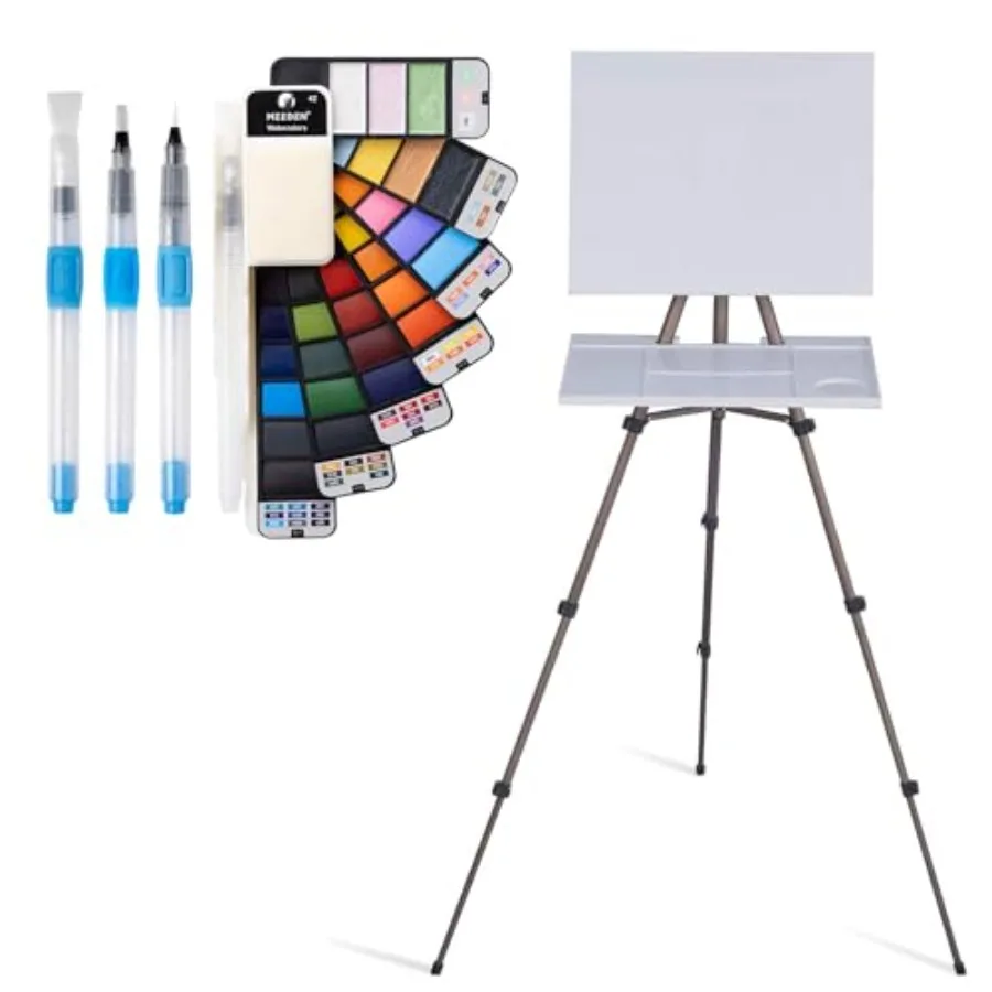 

Travel Watercolor Painting Set: 42 Assorted Watercolor Paint Palette and Lightweight Plein Air Watercolor Easel Stand