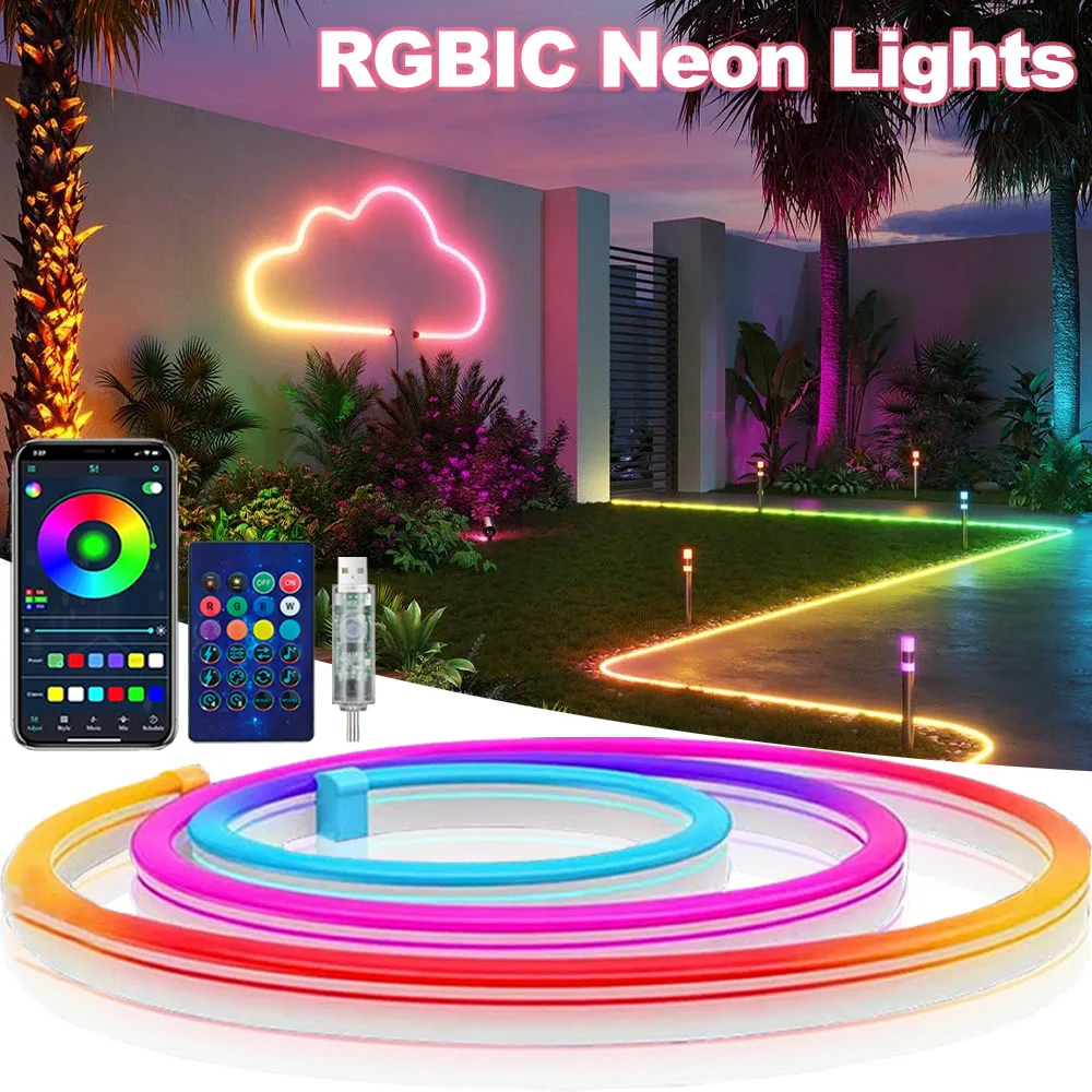 5 متر/16.4FT USB RGBIC LED شريط ضوء النيون مع التحكم في التطبيق لديكور الغرفة الذكية النيون قطاع ضوء هالوين عيد الميلاد الإضاءة