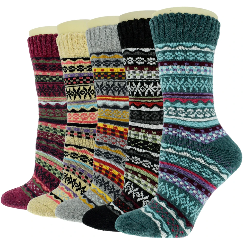 5 Pairs Winter Women Socks Classical Striped Super Thick Cozy Warm Thermal Snow Against Fashion National Harajuku Wool Socks