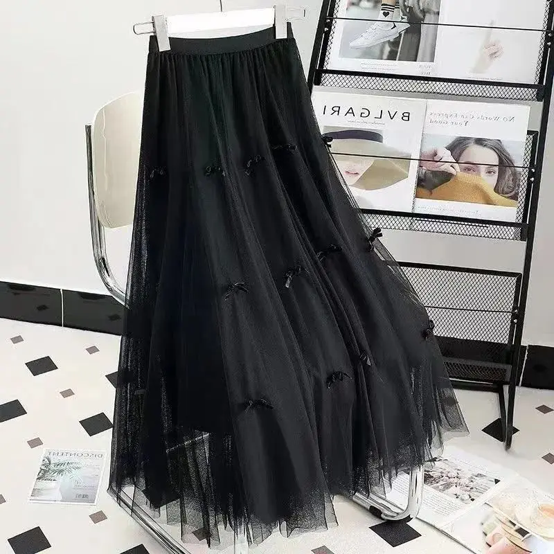 High Waist Streetwear Black Skirt Long Skirt Korean Fashion Harajuku Kawaii Y2k Midi Maxi Tull Skirt Autumn 2026 Vintage Elastic