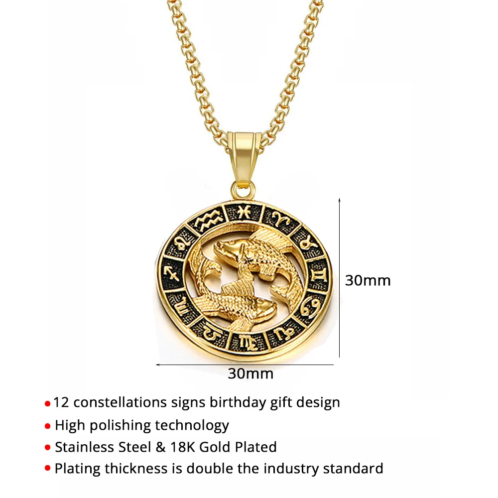 Zodiac Sign Leo Scorpio Pendant Necklace for Women/Men Gold Color Stainless Steel Round 12 Constellation Necklaces Dropshipping