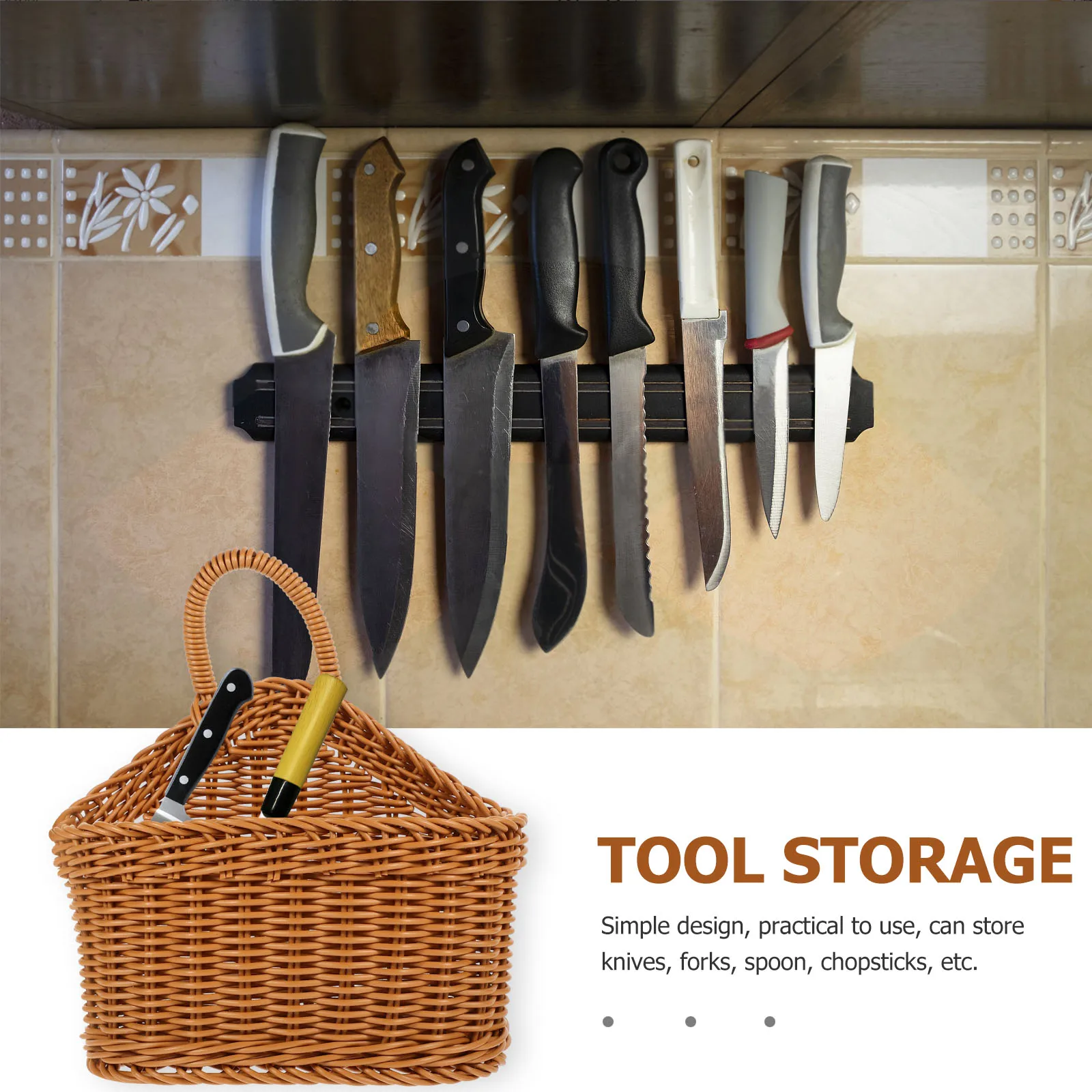 

1Pcs Kitchen Utensil Hanging Basket Plastic Knitted Wall-Mounted Organizer Cutlery Storage Basket Practical Household Storage