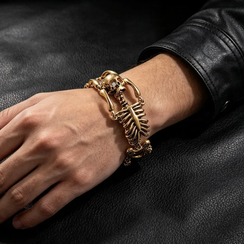 KALEN Gothic Skull Skeleton Link Stainless Steel Bracelet For Men Punk Motorcycle Bracelet Fashion Jewelry Halloween Gifts