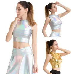 Dazzling Imitation Leather Tank Bralette Tops Lady Short Crop Tops Sleeveless Sexy Women Show Costumes Dance Wear For Nightclub