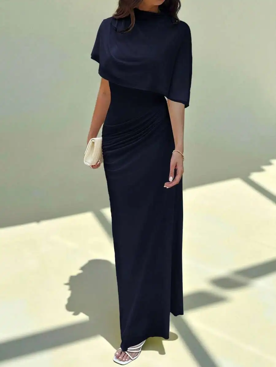 

Elegant Minimalist Long Dress With Ruched Waist And Cape Sleeve For Work Date Vacation