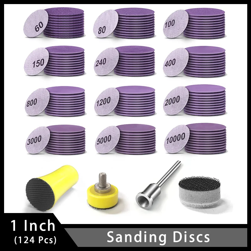 

124 PCS 1 Inch Wet/Dry Sandpaper Hook and Loop 60-10000 Grits with Polishing Pads 1/8 Shank Backing Pad and Interface Pad