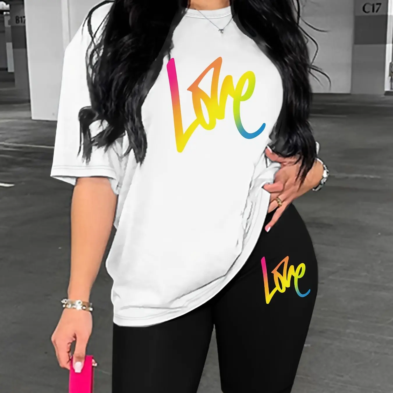 

Colorful Love Women T Shirts Two Piece Set Fashion Street Short Sets Comfortable Breathable Summer T-Shirt Shorts Female New
