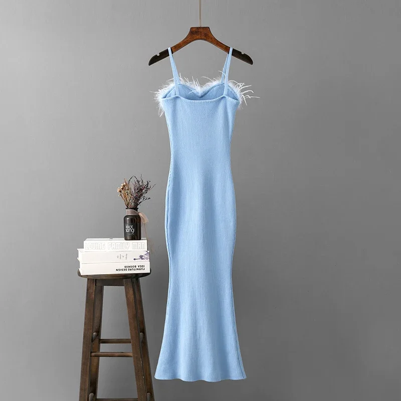 New Fashion Fur Vintage Long Strapless Dress Women Summer Midi A-line Dress for Women Slim Fit Solid Sling Party Dress Elegant