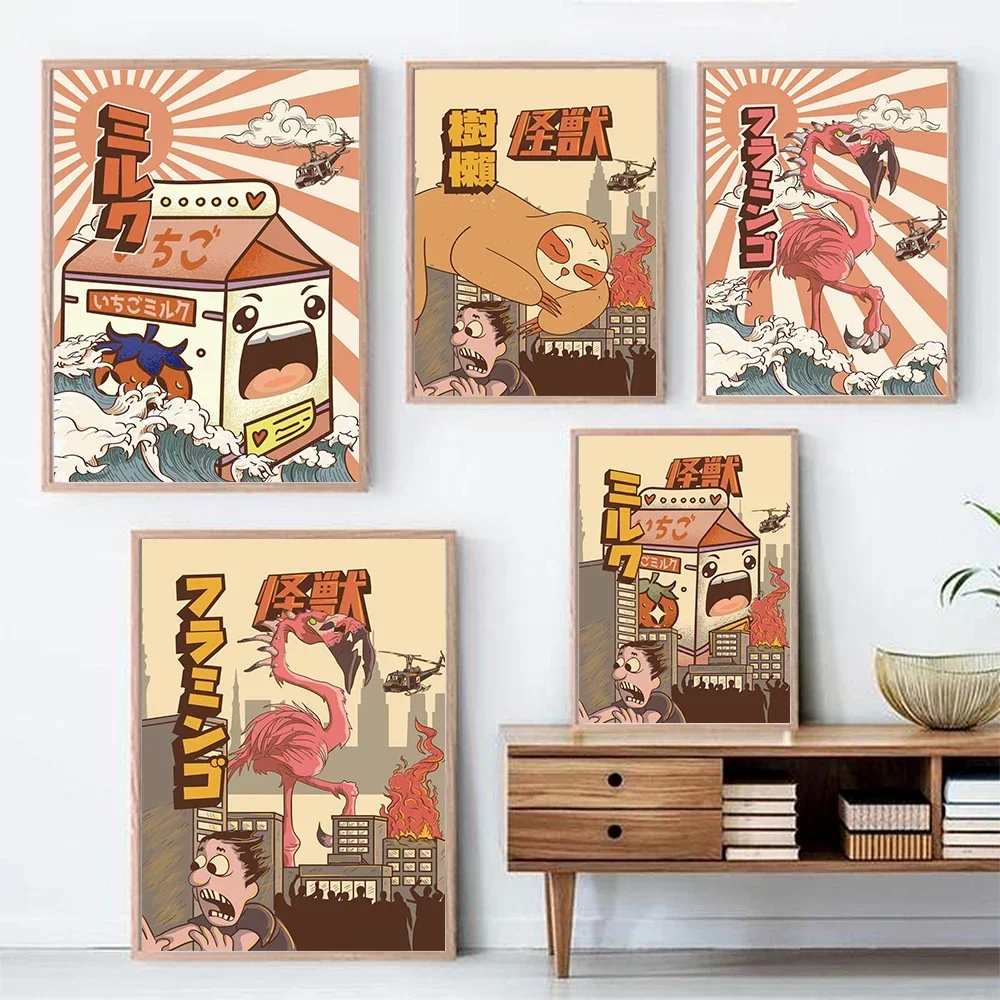 Japanese Kaiju Flamingo Wall Art Canvas Painting Cartoon Sloth Strawberry Milk Posters And Prints Wall Picture For Kitchen Decor