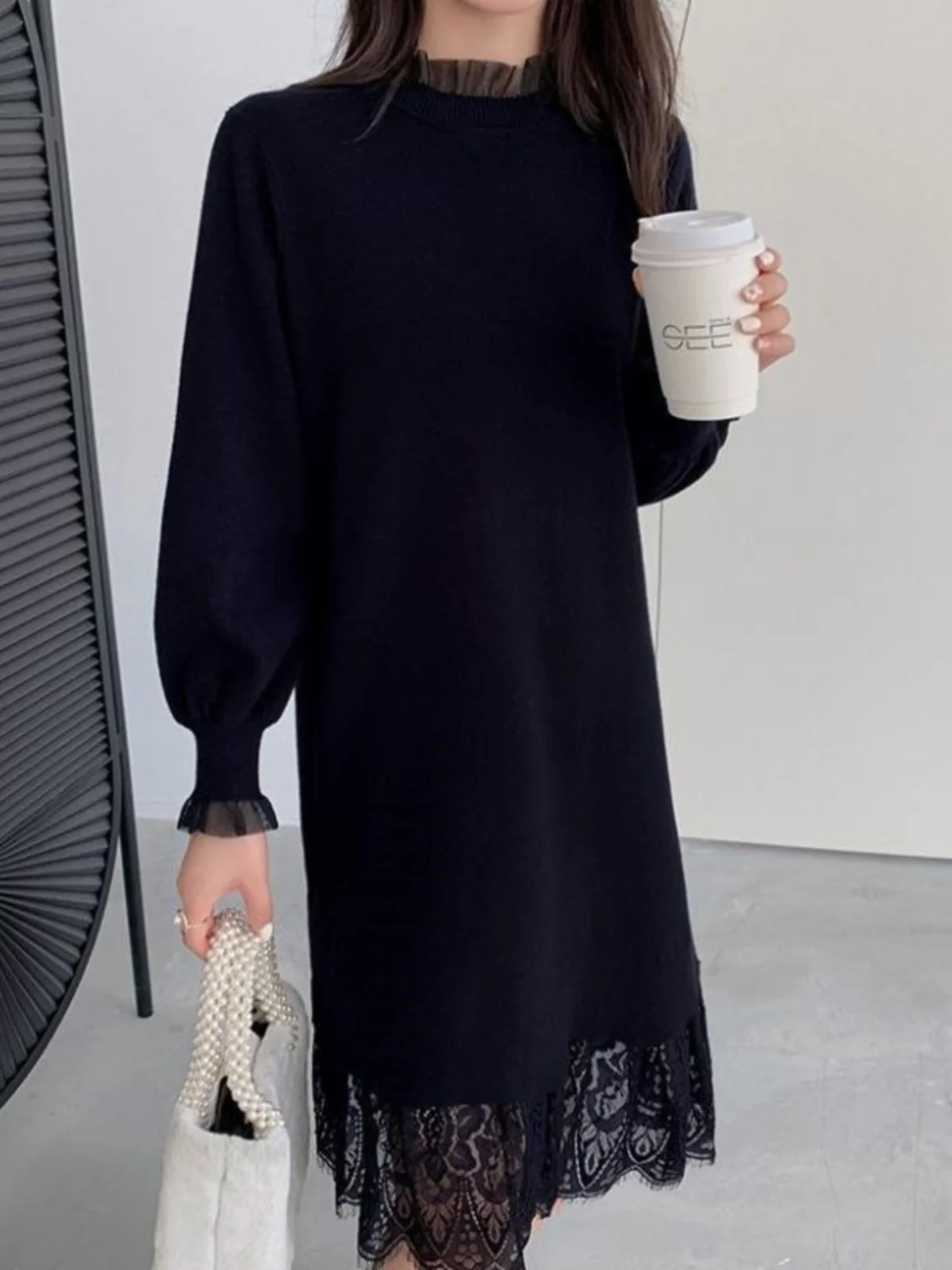 plus Size Knitted Lace Trim Patchwork Sweater Dress Women's Autumn Winter Sexy Fashionable Loose Fit Mid-Length Korean Style